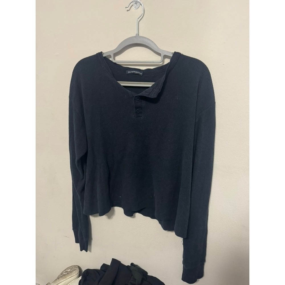 Brandy Melville Waffle Knit Henley Long Sleeve Top Navy One Size